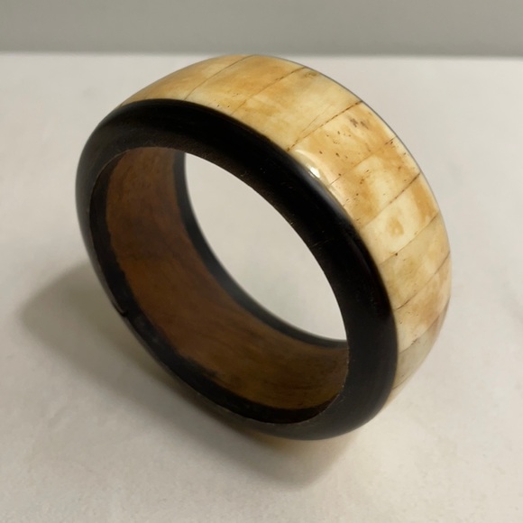 Vintage Wood With Bone Inlay Bangle Bracelet - Picture 1 of 11